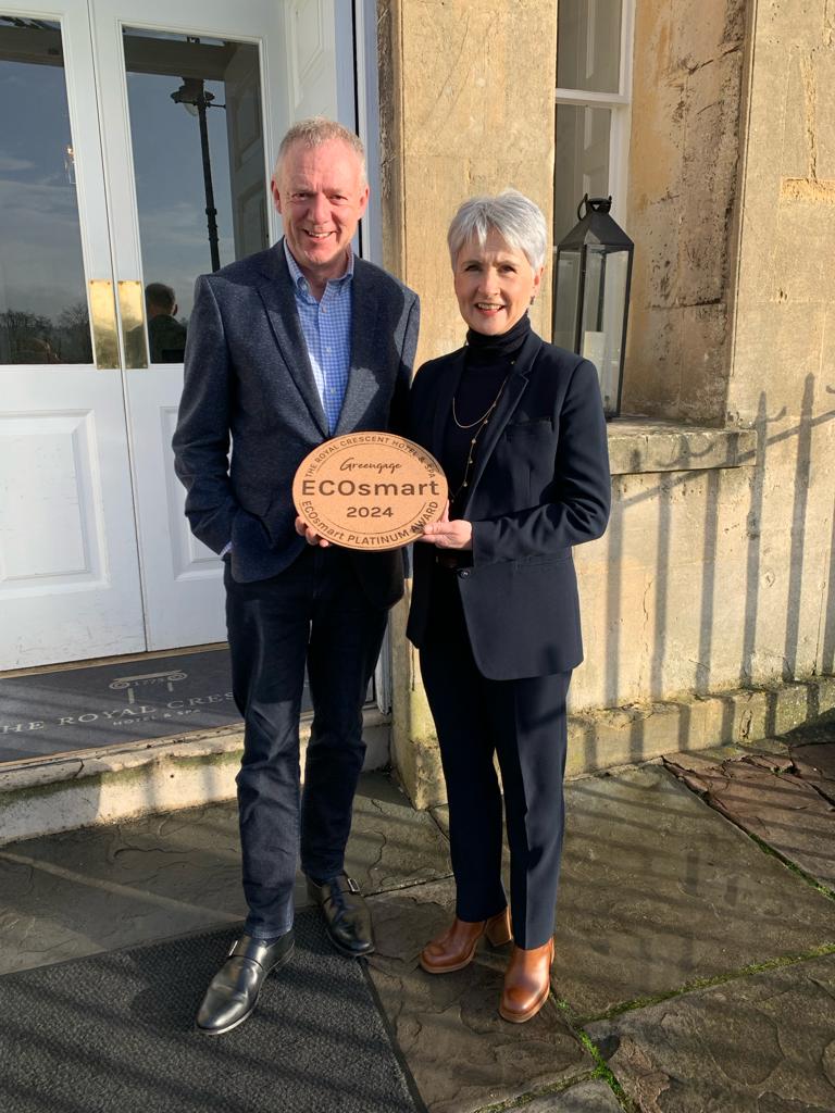 Andrew (Greengage CEO) and Lorraine Jarvie (GM at Royal Crescent Hotel & Spa) standing together with the ECOsmart plaque